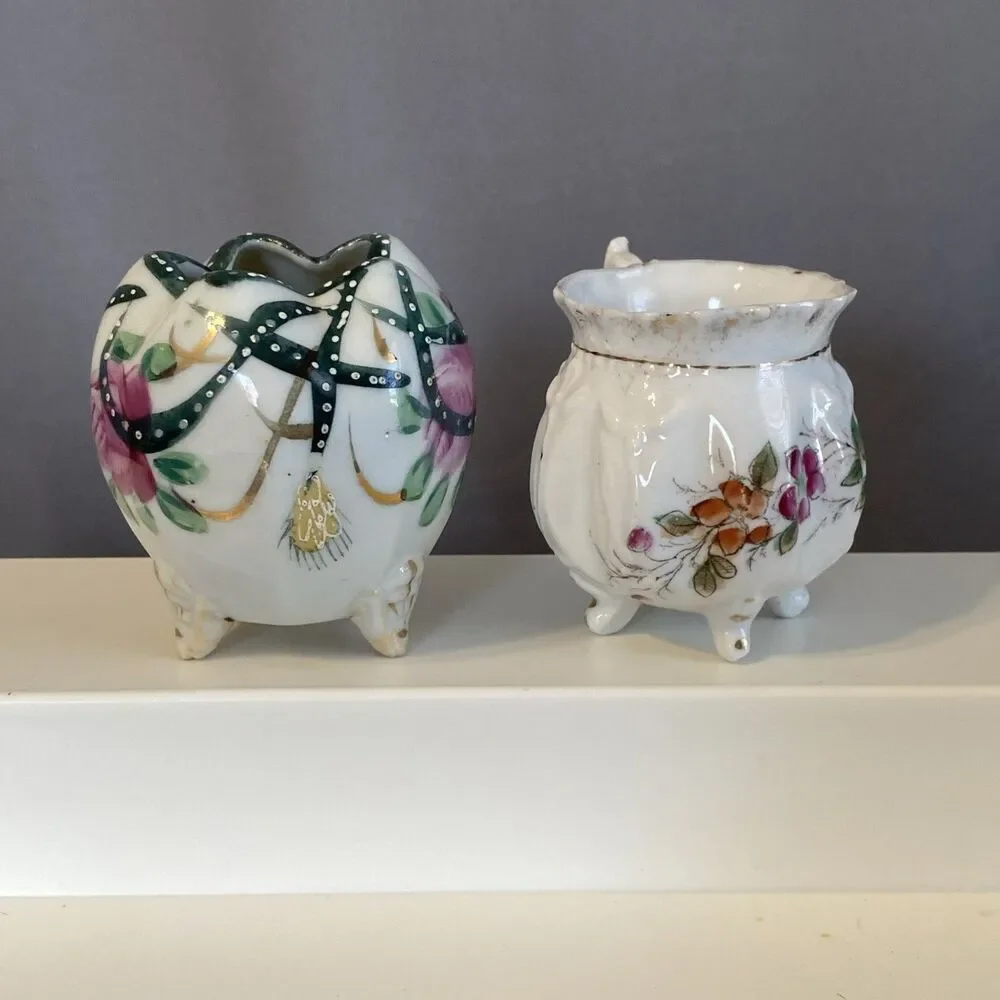 2 Vintage Toothpick Holders Floral Footed Gold Accent
